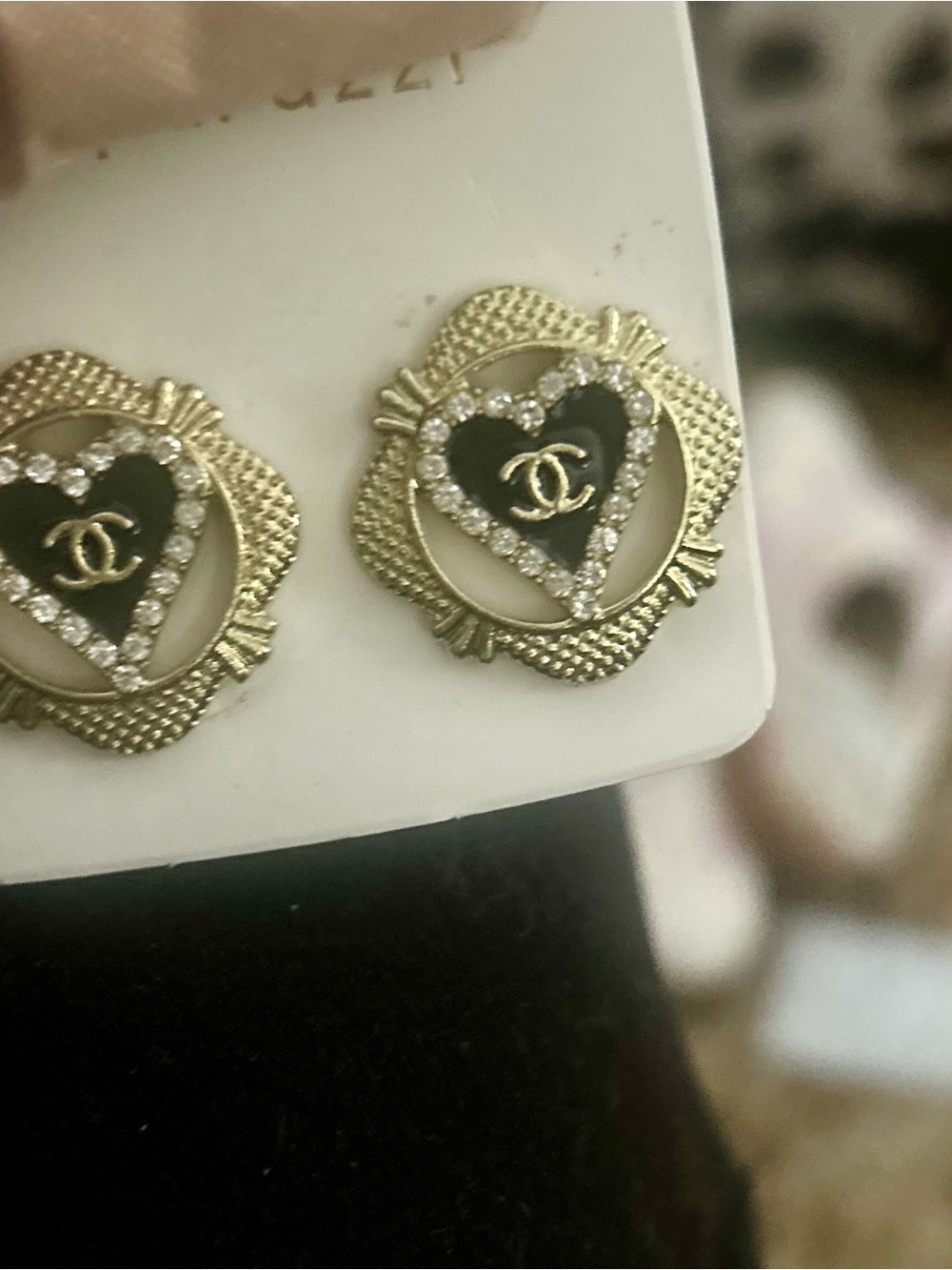 Gold Heart Stud Earrings with Black Enamel and Crystals, fashion jewelry, NEW - Picture 3 of 4